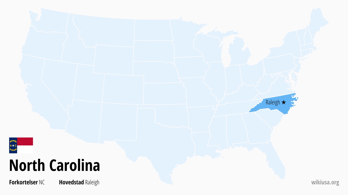 Kort over staten North Carolina | Hvor ligger North Carolina? | North Carolina – stat i USA, vejr, kort, største byer